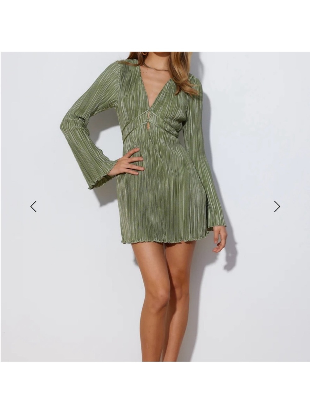 Hello Molly Hype Girl Plisse Long Sleeve Mini Dress Green Small - Picture 1 of 8